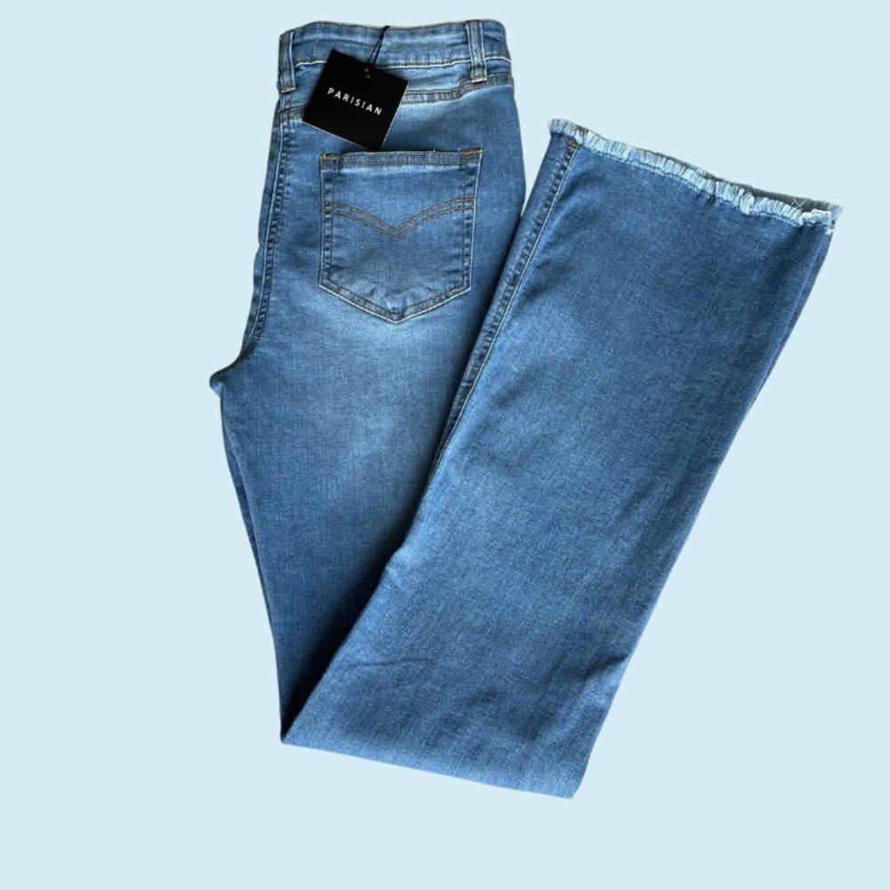 Parisian Mid Blue Frayed Hem Flared Denim Skinny Jeans Size 8